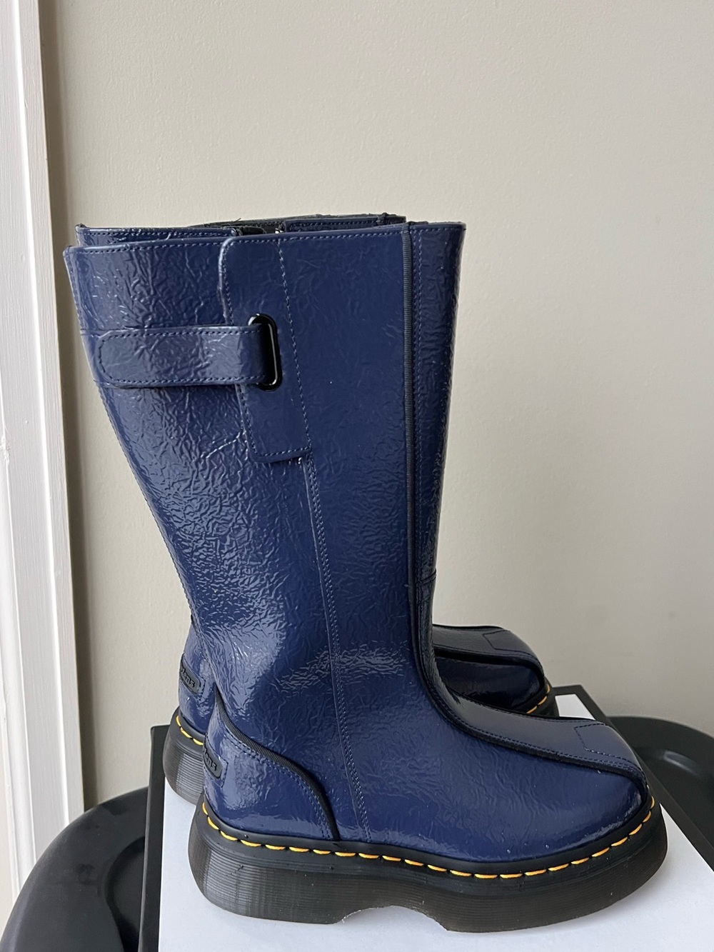 Dr. Martens Navy Patent Leather Platform Mid-Calf Boots with Yellow Stitching